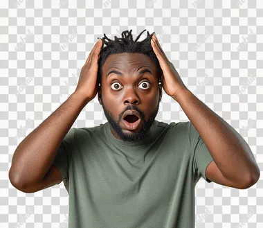 A man with his hands on the sides of his head, a shocked and surprised expression, against a white background, wearing a t-shirt. Portrait photography. Shot with a Nikon D850 DSLR camera and a 24mm f/2.8 lens. Color grading to achieve a hyper-realistic effect.
