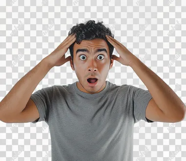 A man with his hands on the sides of his head, a shocked and surprised expression, against a white background, wearing a t-shirt. Portrait photography. Shot with a Nikon D850 DSLR camera and a 24mm f/2.8 lens. Color grading to achieve a hyper-realistic effect.