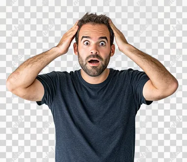 A man with his hands on the sides of his head, a shocked and surprised expression, against a white background, wearing a t-shirt. Portrait photography. Shot with a Nikon D850 DSLR camera and a 24mm f/2.8 lens. Color grading to achieve a hyper-realistic effect.