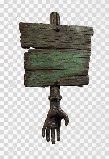 A wooden sign with an arm protruding from the bottom, set against a green screen background. This appears to be a game item or asset, with a fantasy-inspired style.