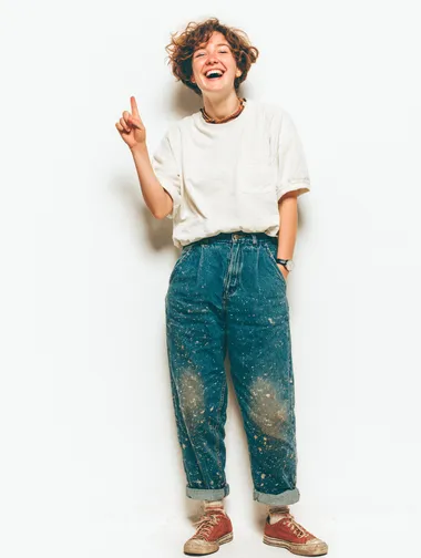 young happy woman with one hand up, wears jeans and a white t.shirt. isolated white background. full body shot  rofile b4lvlaf