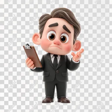 adorable 3D plastic toy figure of a confident boss character in a suit, holding tiny files or clipboard, cute pouty expression like asking for something, slightly raised eyebrows, round head and big eyes, shiny toy texture, soft shadows, clean white background, Pixar style
