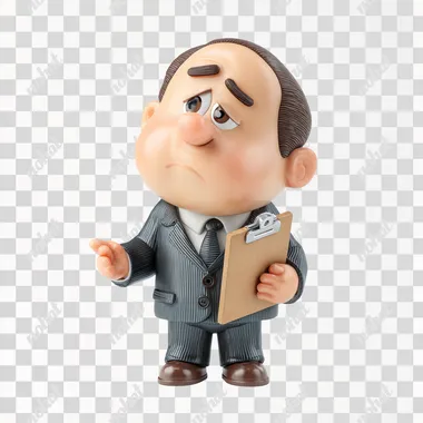 adorable 3D plastic toy figure of a confident boss character in a suit, holding tiny files or clipboard, cute pouty expression like asking for something, slightly raised eyebrows, round head and big eyes, shiny toy texture, soft shadows, clean white background, Pixar style