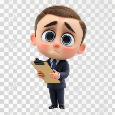 adorable 3D plastic toy figure of a confident boss character in a suit, holding tiny files or clipboard, cute pouty expression like asking for something, slightly raised eyebrows, round head and big eyes, shiny toy texture, soft shadows, clean white background, Pixar style