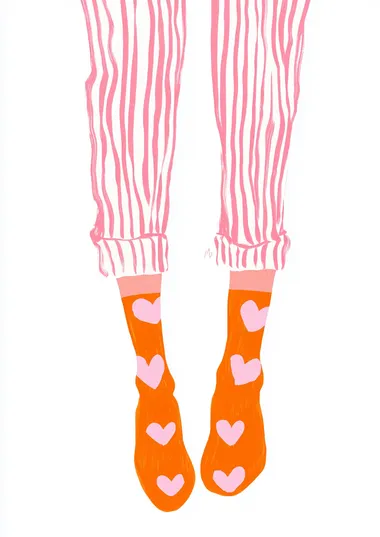 A simple drawing of a woman's legs in pink and white striped pants, wearing orange socks with pink hearts on them, against a white background. A simple illustration with simple lines, in the style of a gouache print or risograph style.