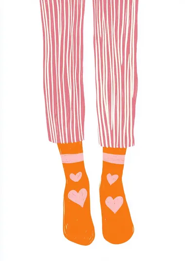 A simple drawing of a woman's legs in pink and white striped pants, wearing orange socks with pink hearts on them, against a white background. A simple illustration with simple lines, in the style of a gouache print or risograph style.