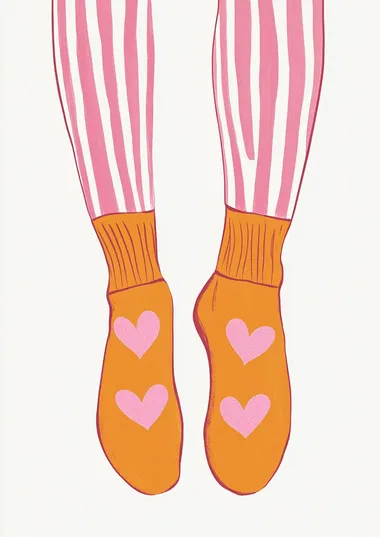 A simple drawing of a woman's legs in pink and white striped pants, wearing orange socks with pink hearts on them, against a white background. A simple illustration with simple lines, in the style of a gouache print or risograph style.