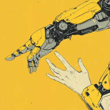 In 2D illustration style, the concept of a human hand reaching out with a finger to a robot arm in yellow