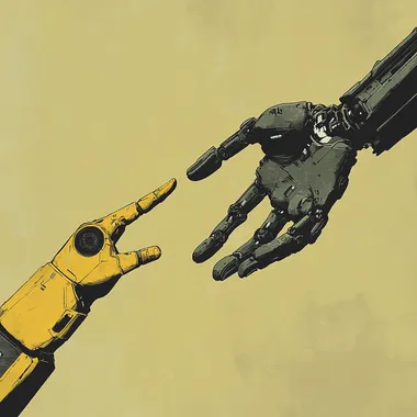 In 2D illustration style, the concept of a human hand reaching out with a finger to a robot arm in yellow