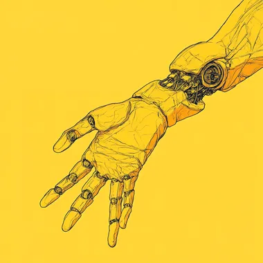 In 2D illustration style, the concept of a human hand reaching out with a finger to a robot arm in yellow