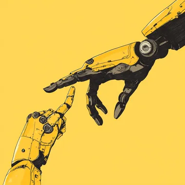 In 2D illustration style, the concept of a human hand reaching out with a finger to a robot arm in yellow