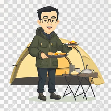 A campsite, an Asian man in his 40s wearing a camper suit, full body, cartoon style, white background, serving food