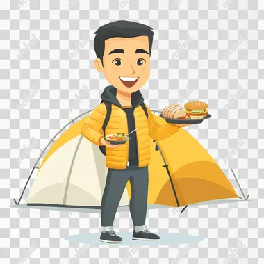 A campsite, an Asian man in his 40s wearing a camper suit, full body, cartoon style, white background, serving food