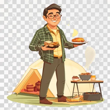 A campsite, an Asian man in his 40s wearing a camper suit, full body, cartoon style, white background, serving food