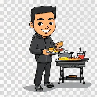 A campsite, an Asian man in his 40s wearing a camper suit, full body, cartoon style, white background, serving food