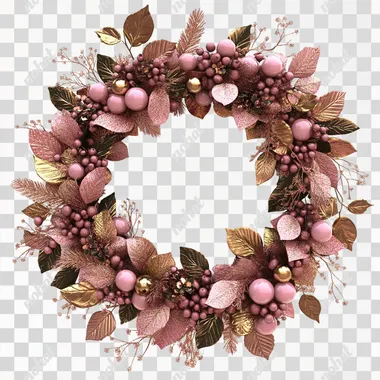 a pink and gold Christmas wreath. Berries and leafs decorate it. Solid white background. Ultra Hd, 3D, hyper realistic.