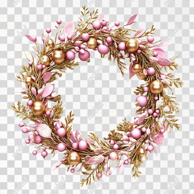 a pink and gold Christmas wreath. Berries and leafs decorate it. Solid white background. Ultra Hd, 3D, hyper realistic.