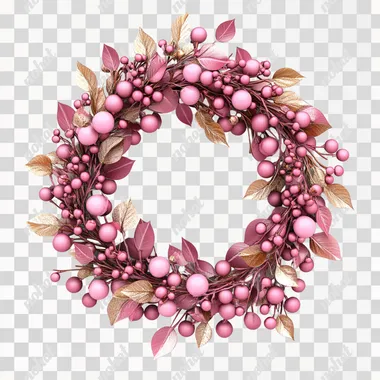 a pink and gold Christmas wreath. Berries and leafs decorate it. Solid white background. Ultra Hd, 3D, hyper realistic.