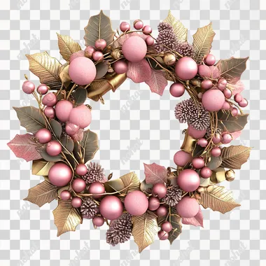 a pink and gold Christmas wreath. Berries and leafs decorate it. Solid white background. Ultra Hd, 3D, hyper realistic.