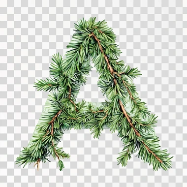 The letter A decorated with needles. The tree has a beautiful green color coniferous branches.