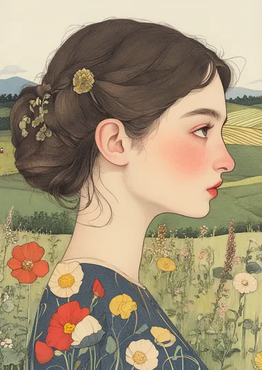 asymmetric composition. portrait of beautiful woman. Background is in the style of a country engraving landscape --s 250  4123306347 1022665489 388556143 --sw 15   rofile 3mmvj89