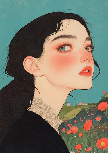 asymmetric composition. portrait of beautiful woman. Background is in the style of a country engraving landscape --s 250  4123306347 1022665489 388556143 --sw 15   rofile 3mmvj89