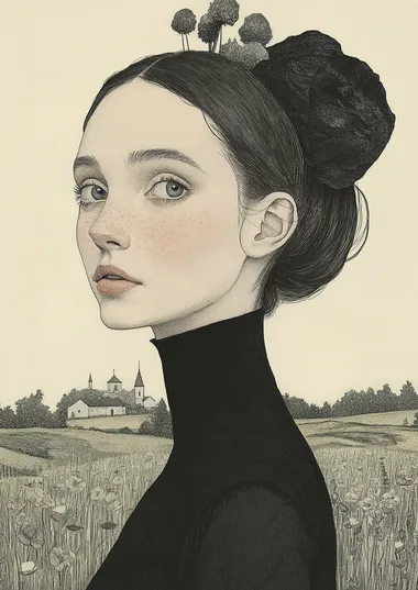 asymmetric composition. portrait of beautiful woman. Background is in the style of a country engraving landscape --s 250  4123306347 1022665489 388556143 --sw 15   rofile 3mmvj89