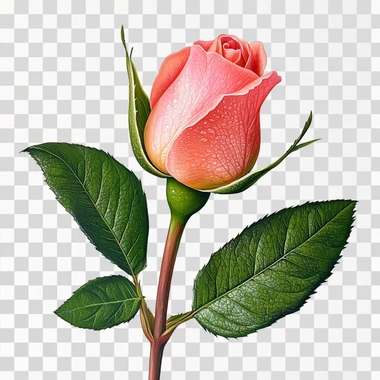 A single rosebud with delicate, tightly wrapped petals in bright shades of red or pink, surrounded by fresh green leaves with visible veins, natural lighting, hyper-realistic details, sharp focus, white background, slight dew drops on petals for added texture and freshness without stem --s 50