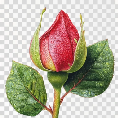 A single rosebud with delicate, tightly wrapped petals in bright shades of red or pink, surrounded by fresh green leaves with visible veins, natural lighting, hyper-realistic details, sharp focus, white background, slight dew drops on petals for added texture and freshness without stem --s 50