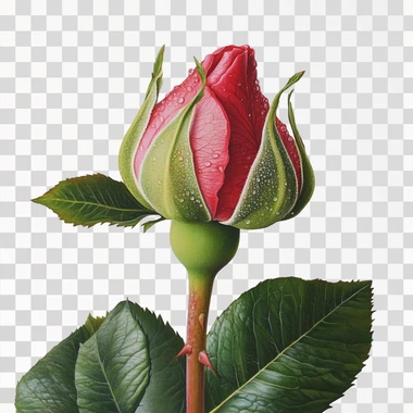 A single rosebud with delicate, tightly wrapped petals in bright shades of red or pink, surrounded by fresh green leaves with visible veins, natural lighting, hyper-realistic details, sharp focus, white background, slight dew drops on petals for added texture and freshness without stem --s 50