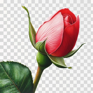 A single rosebud with delicate, tightly wrapped petals in bright shades of red or pink, surrounded by fresh green leaves with visible veins, natural lighting, hyper-realistic details, sharp focus, white background, slight dew drops on petals for added texture and freshness without stem --s 50