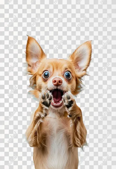 a little funny dog looks shocked with an open mouth and puts his paws on his face. Light blue studio background   yvipumd  --s 50