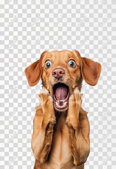 a little funny dog looks shocked with an open mouth and puts his paws on his face. Light blue studio background   yvipumd  --s 50