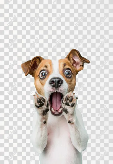 a little funny dog looks shocked with an open mouth and puts his paws on his face. Light blue studio background   yvipumd  --s 50