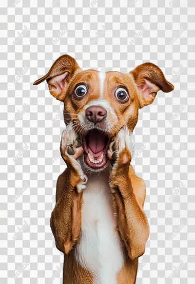 a little funny dog looks shocked with an open mouth and puts his paws on his face. Light blue studio background   yvipumd  --s 50
