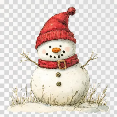 a happy snowman wearing a red Christmas hat with cartoon style on white background no shadows