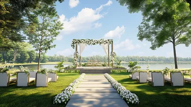 hyper realistic 3d concept drawing of beautiful out door Christian wedding reception stage near lake at Kerala on green grass ground,white flowers, pastel green, grey and white colour theme