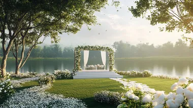 hyper realistic 3d concept drawing of beautiful out door Christian wedding reception stage near lake at Kerala on green grass ground,white flowers, pastel green, grey and white colour theme