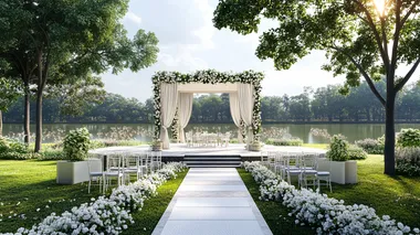hyper realistic 3d concept drawing of beautiful out door Christian wedding reception stage near lake at Kerala on green grass ground,white flowers, pastel green, grey and white colour theme