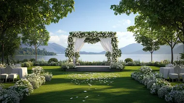 hyper realistic 3d concept drawing of beautiful out door Christian wedding reception stage near lake at Kerala on green grass ground,white flowers, pastel green, grey and white colour theme