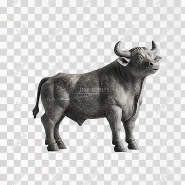 A simple dark gray stone statue of an angry bull standing on its hind legs, ready to run, sits on a wooden pedestal on a white background. The sculptural details with smooth textures give it a realistic look. It captures the essence of the power of each stroke, creating depth while remaining clear for easy viewing. The style of Jean-Baptiste Monges