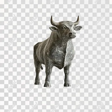 A simple dark gray stone statue of an angry bull standing on its hind legs, ready to run, sits on a wooden pedestal on a white background. The sculptural details with smooth textures give it a realistic look. It captures the essence of the power of each stroke, creating depth while remaining clear for easy viewing. The style of Jean-Baptiste Monges