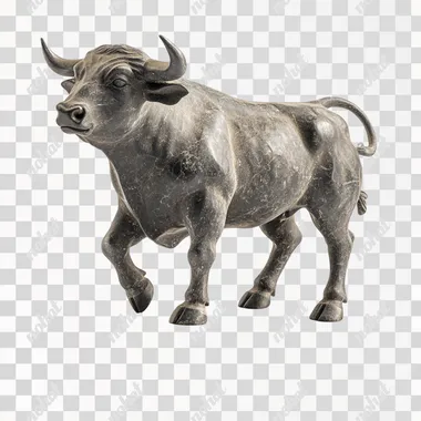 A simple dark gray stone statue of an angry bull standing on its hind legs, ready to run, sits on a wooden pedestal on a white background. The sculptural details with smooth textures give it a realistic look. It captures the essence of the power of each stroke, creating depth while remaining clear for easy viewing. The style of Jean-Baptiste Monges