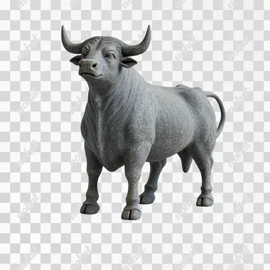 A simple dark gray stone statue of an angry bull standing on its hind legs, ready to run, sits on a wooden pedestal on a white background. The sculptural details with smooth textures give it a realistic look. It captures the essence of the power of each stroke, creating depth while remaining clear for easy viewing. The style of Jean-Baptiste Monges