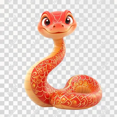 a cute snake on a white background. The snake's colors should be red and golden. In a cartoon style, the scales have a slightly curved shape. The snake is smiling, symbolizing good luck for people during the Spring Festival celebration. 3D.