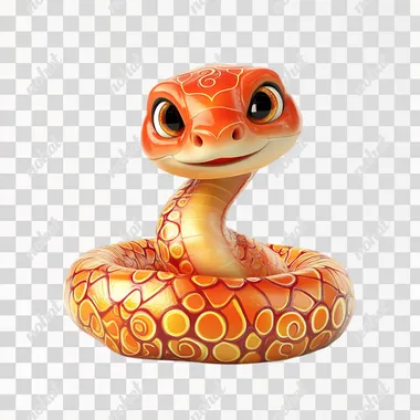 a cute snake on a white background. The snake's colors should be red and golden. In a cartoon style, the scales have a slightly curved shape. The snake is smiling, symbolizing good luck for people during the Spring Festival celebration. 3D.