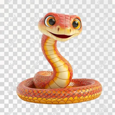 a cute snake on a white background. The snake's colors should be red and golden. In a cartoon style, the scales have a slightly curved shape. The snake is smiling, symbolizing good luck for people during the Spring Festival celebration. 3D.