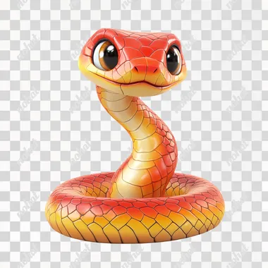 a cute snake on a white background. The snake's colors should be red and golden. In a cartoon style, the scales have a slightly curved shape. The snake is smiling, symbolizing good luck for people during the Spring Festival celebration. 3D.