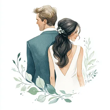 wedding from back watercolor style white plant background, couple, man is tall and bold, woman has long wavy dark hair and her husband is dark hair --raw rofile bzadhbf