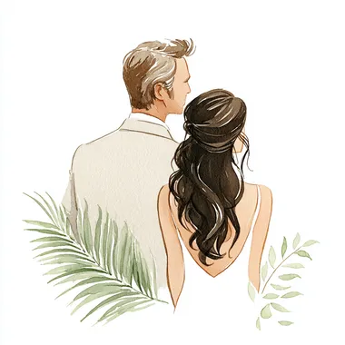 wedding from back watercolor style white plant background, couple, man is tall and bold, woman has long wavy dark hair and her husband is dark hair --raw rofile bzadhbf